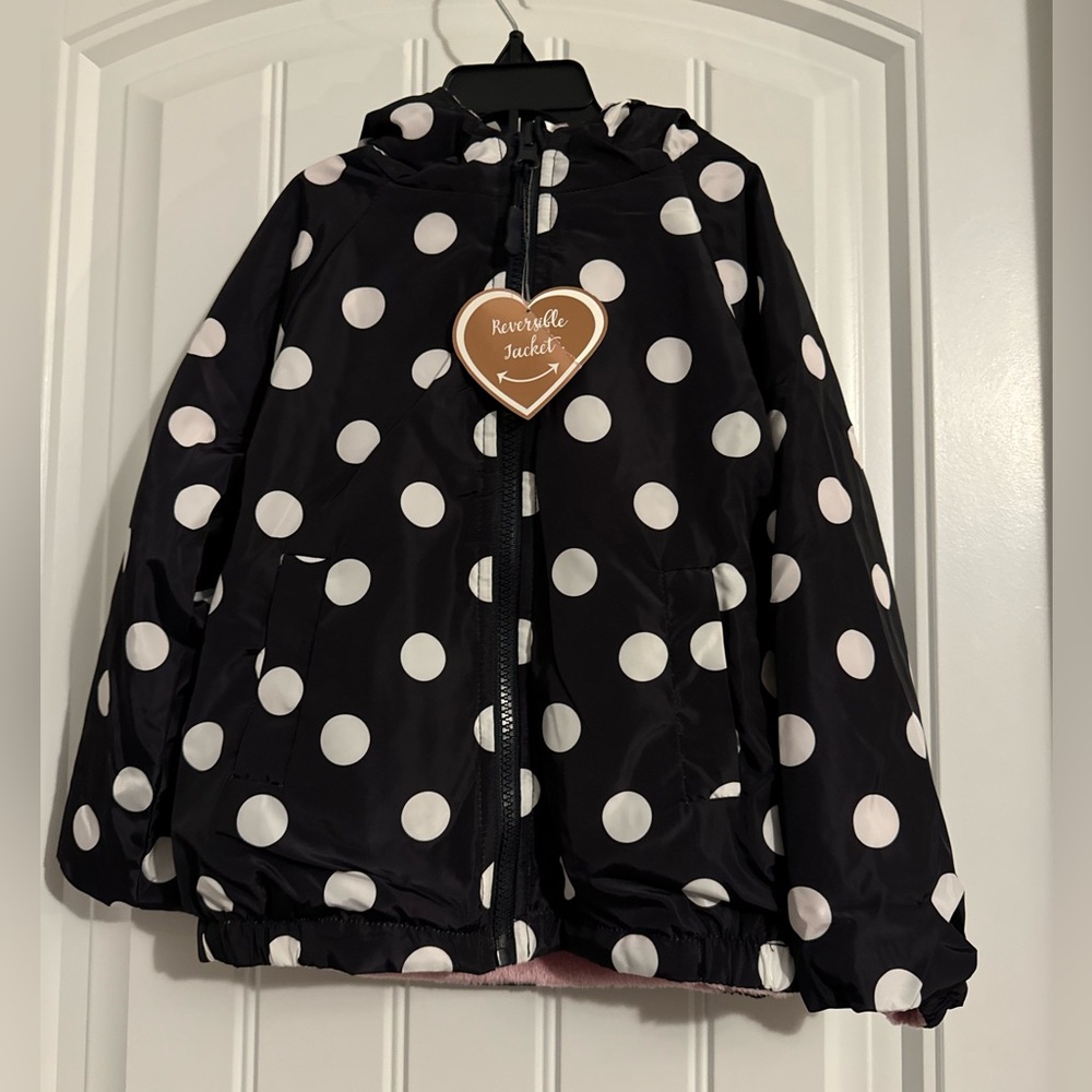Cute Maddie & Michelle girls size 5 black white polka dot pink reversible coat